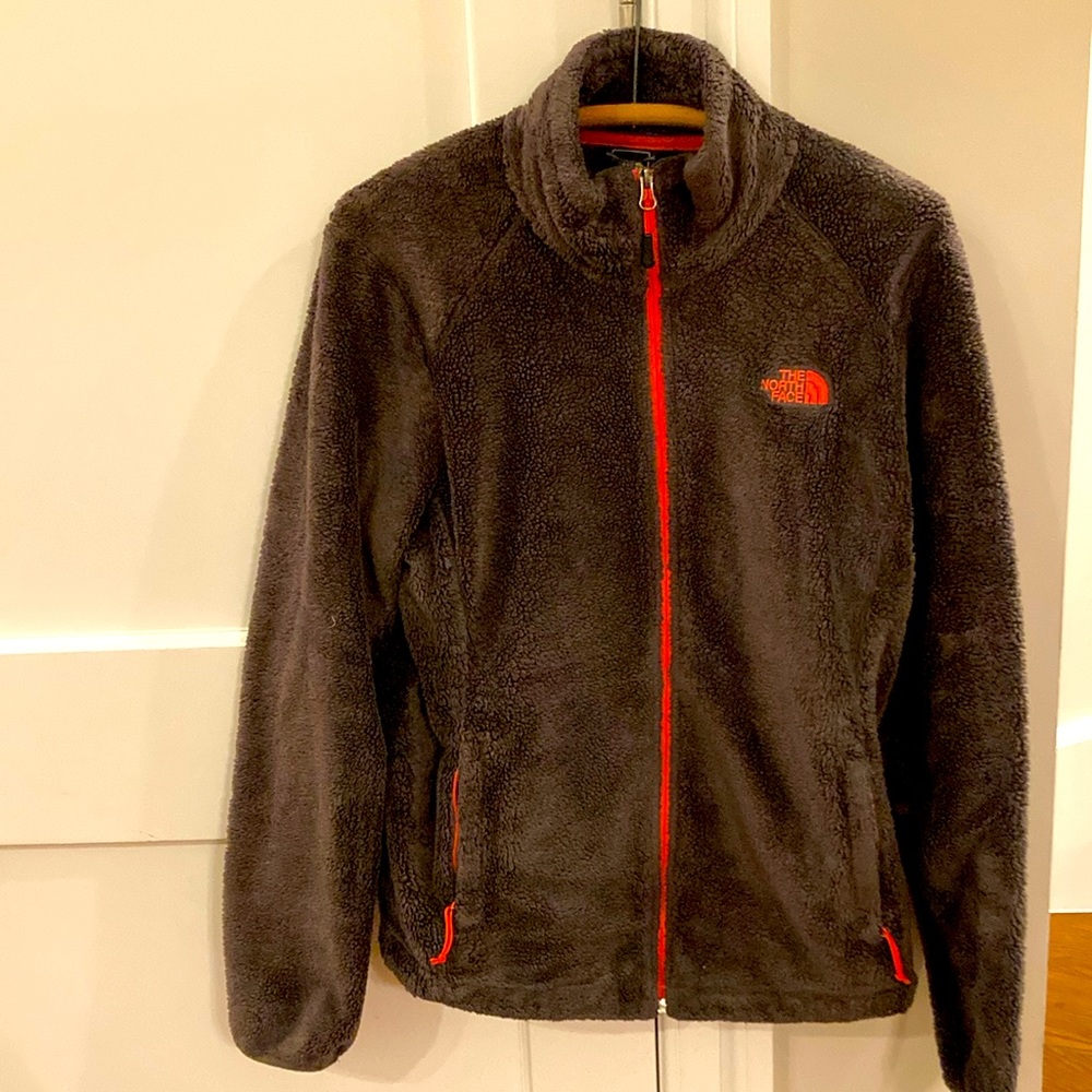 North face women’s fuzzy zip jacket- color green with orange accents